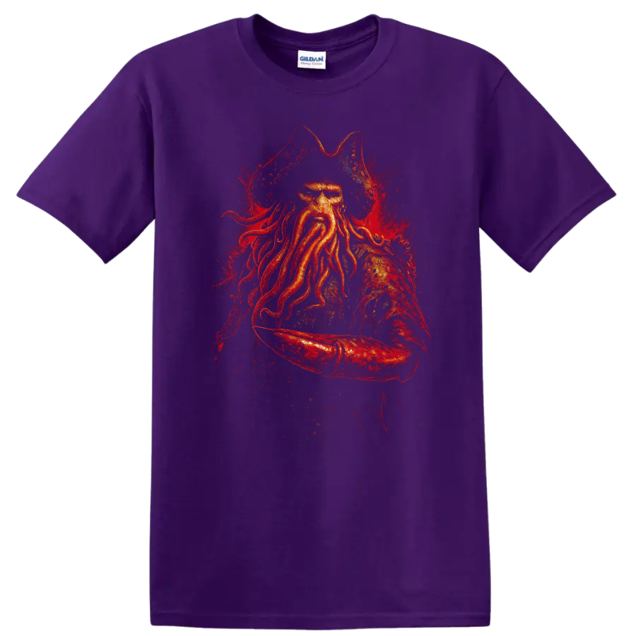 Pirate captain with octopus beard in fiery red dramatic graphic T Shirt design on a Purple T Shirt