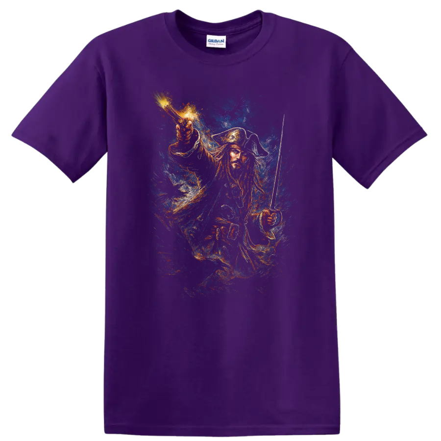 Pirate captain with raised sword in dramatic painted style, Pirates of the Caribbean T shirt on a Purple T Shirt
