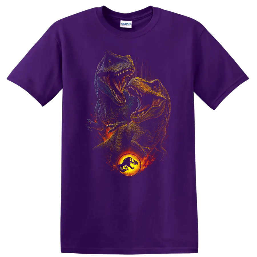 Roaring T Rex dinosaur graphic with fiery Jurassic World inspired style on T shirt on a Purple T Shirt