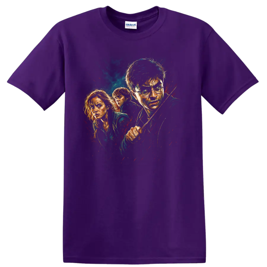 Harry Potter trio portrait movie-style graphic T shirt with dark fantasy painted artwork on a Purple T Shirt
