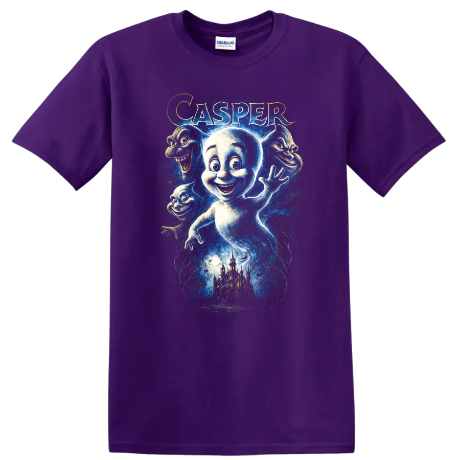 Casper ghost character graphic with spooky castle and haunted blue artwork T Shirt on a Purple T Shirt