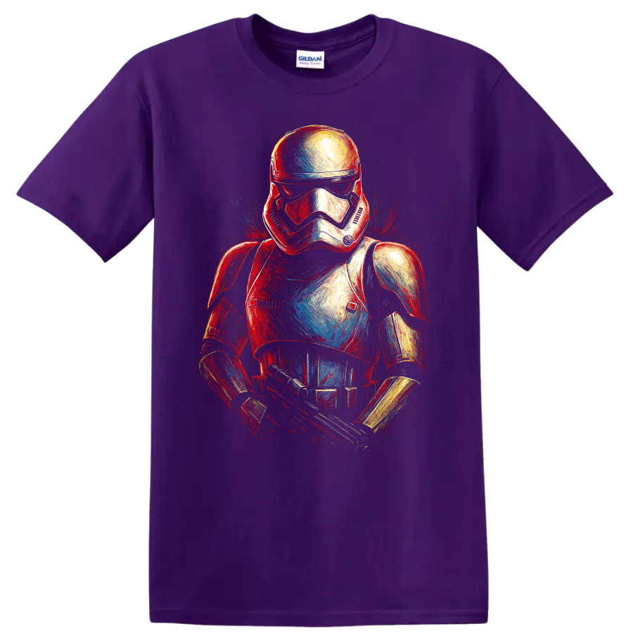Painted Star Wars stormtrooper graphic in red, white, and blue on a black T shirt on a Purple T Shirt