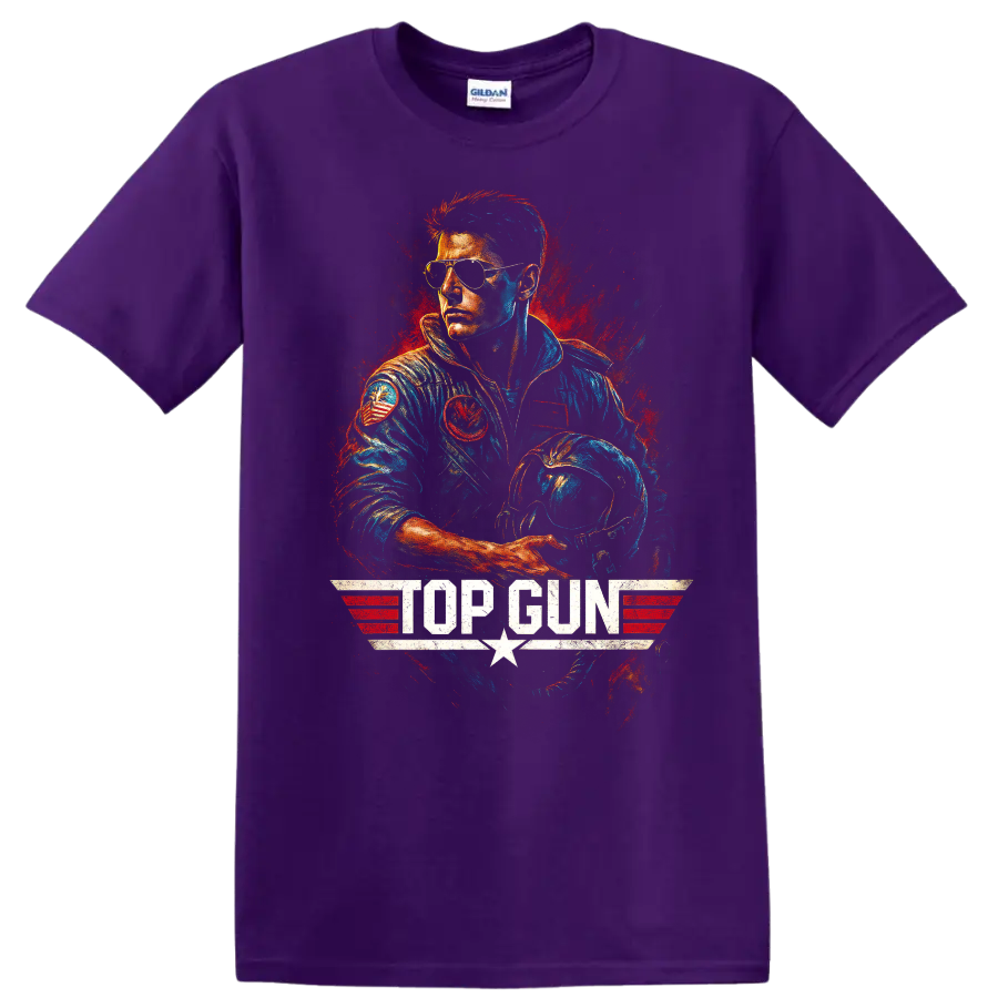 Top Gun fighter pilot in aviator sunglasses with helmet graphic T shirt on a Purple T Shirt