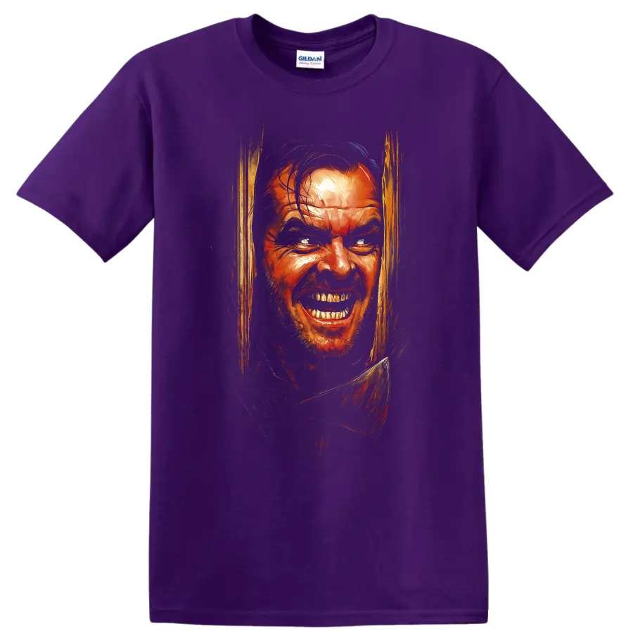 The Shining horror portrait with intense painted face artwork on a T shirt on a Purple T Shirt