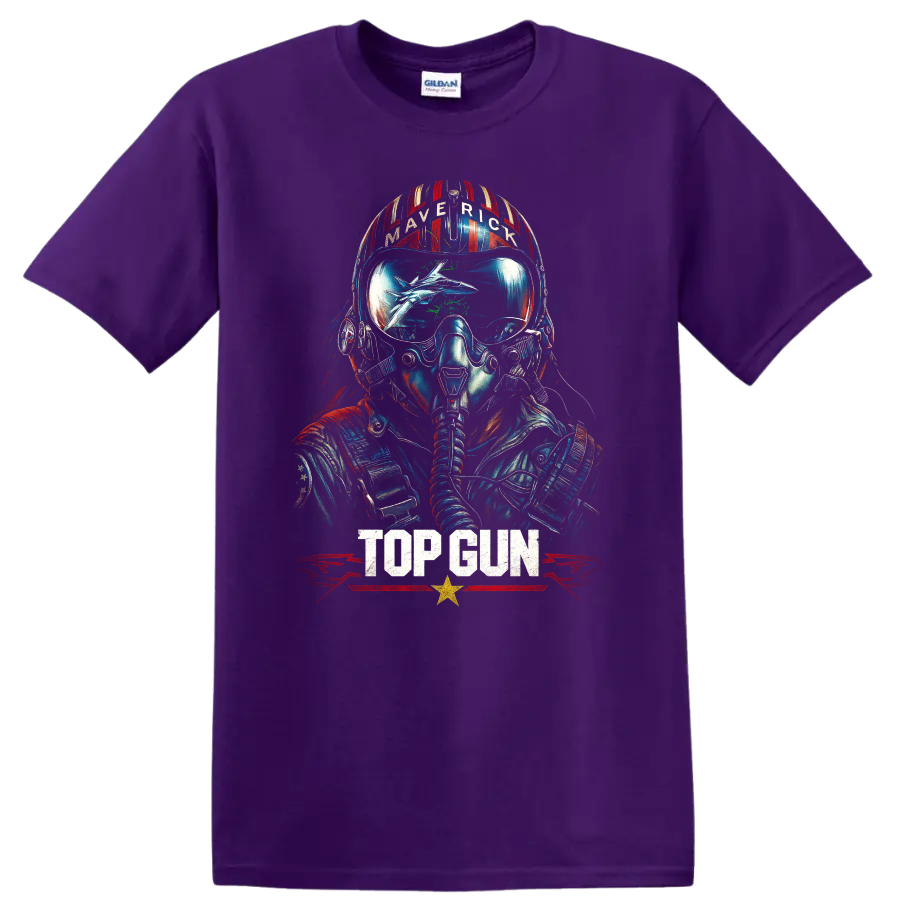 Top Gun Maverick fighter pilot helmet graphic T shirt with TOP GUN text on a Purple T Shirt
