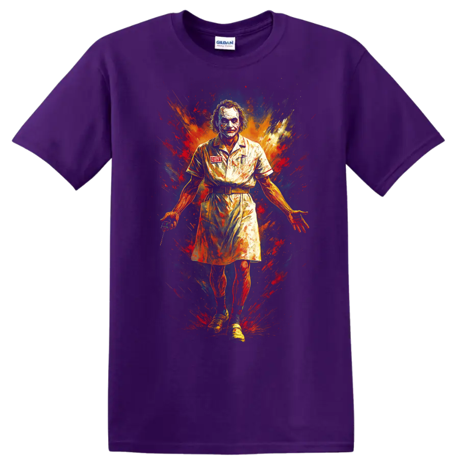 Joker-inspired graffiti portrait T Shirt with explosive red orange paint splashes on a Purple T Shirt