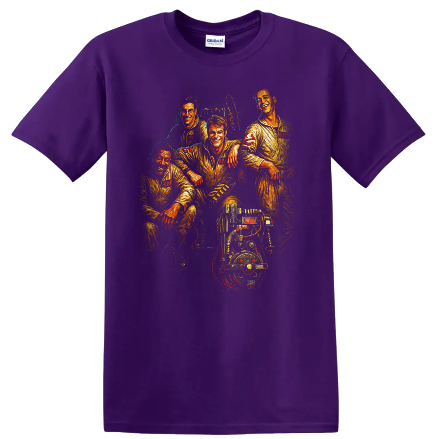 Ghostbusters team portrait with ghostbusting gear on a T shirt on a Purple T Shirt