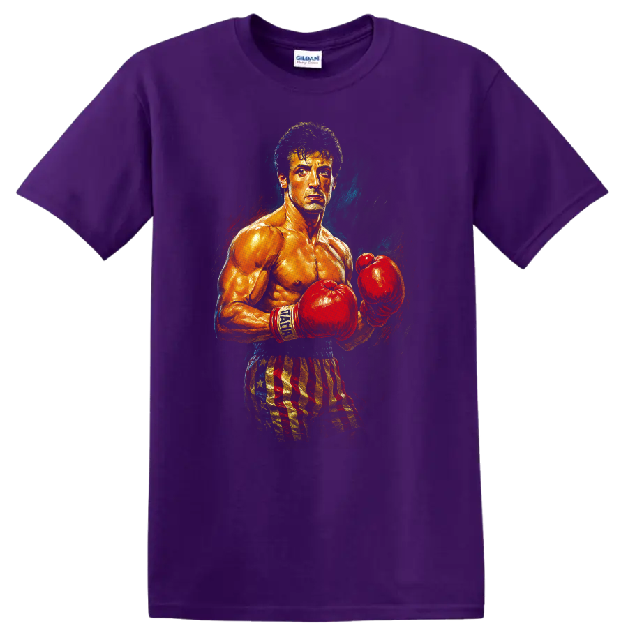 Rocky-inspired boxer portrait with red gloves and American flag shorts on a T shirt on a Purple T Shirt
