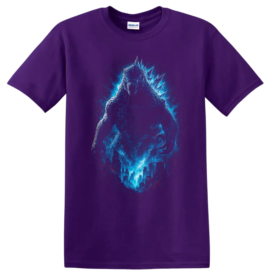 Blue Godzilla Minus One monster rising over a city with glowing energy, cinematic T-shirt design on a Purple T Shirt