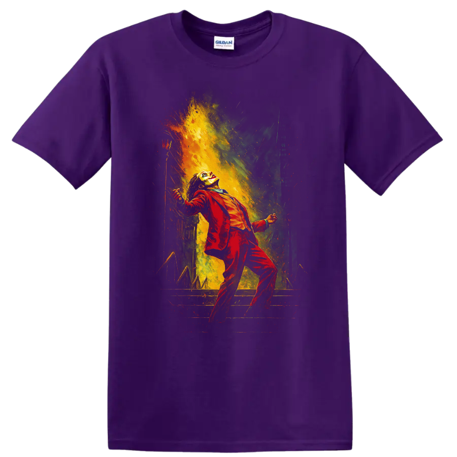 Joker in red suit with dramatic comic-style color burst graphic T shirt on a Purple T Shirt