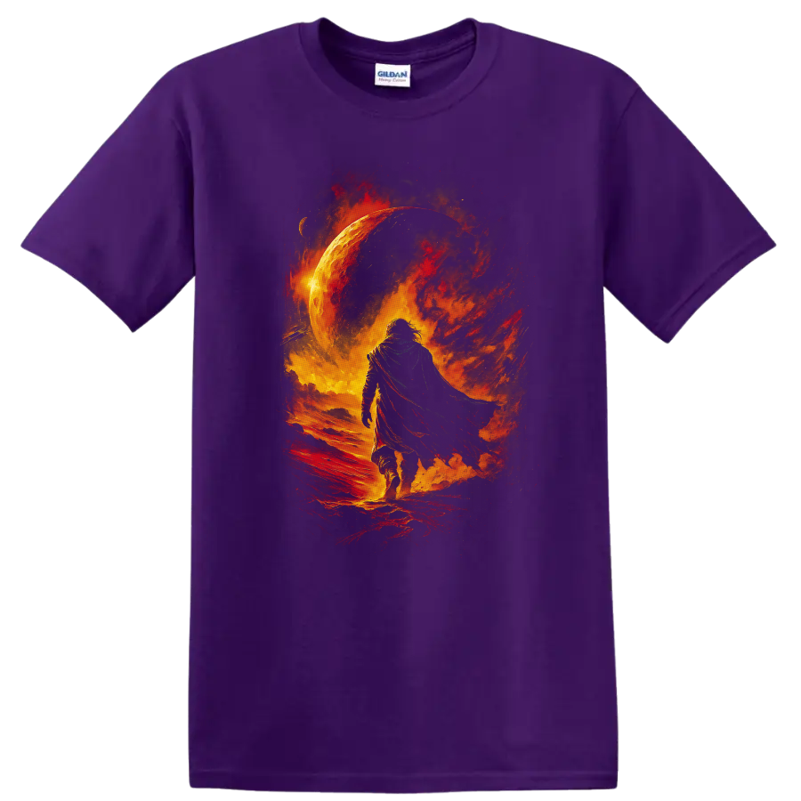 Cloaked figure walking through fiery cosmic scene with glowing planet graphic on a Purple T Shirt