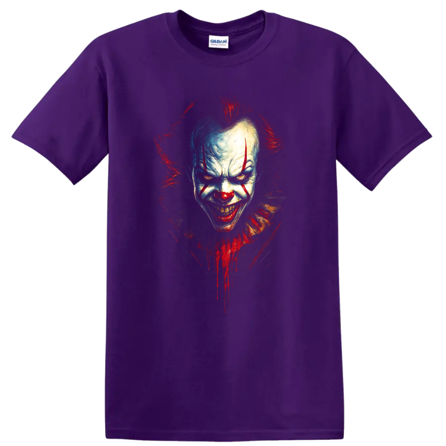 Pennywise horror clown face with red and blue paint on a black T shirt on a Purple T Shirt