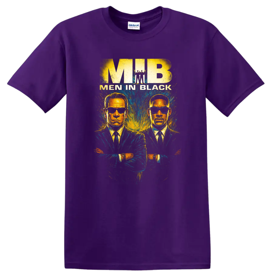 Men in Black graphic T Shirt with two suited agents in sunglasses and vintage poster style on a Purple T Shirt