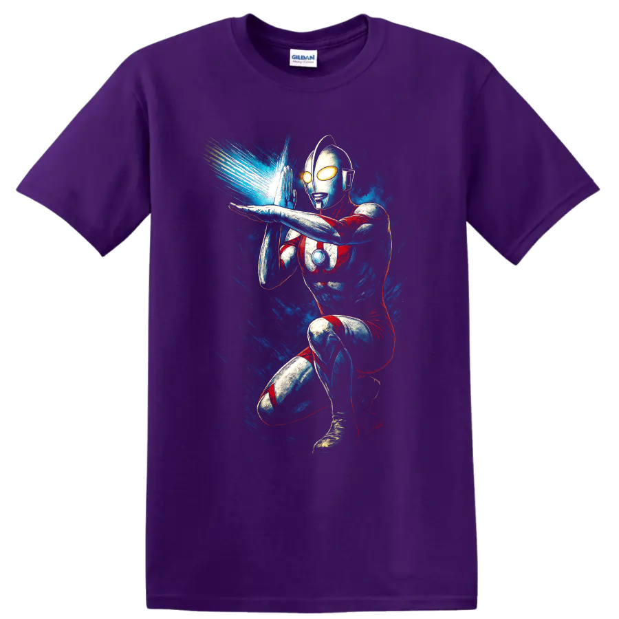 Ultraman action pose with blue energy blast retro comic style T shirt on a Purple T Shirt