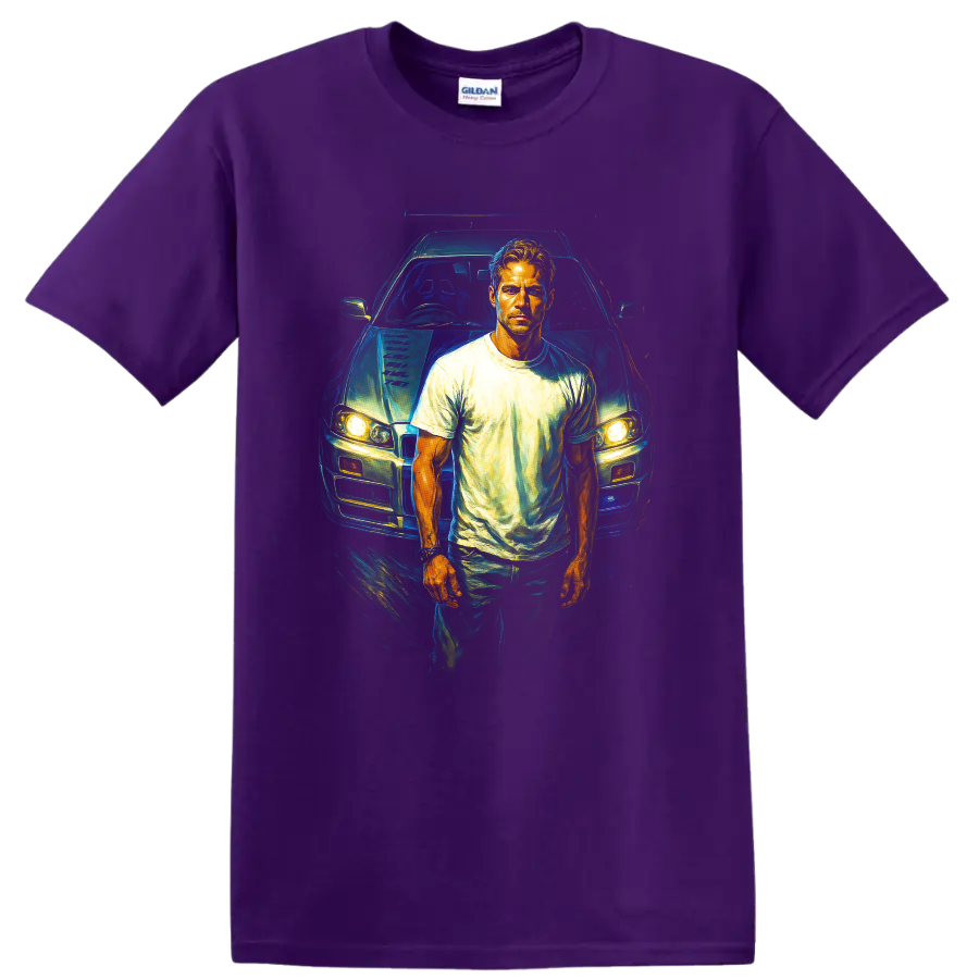 Fast and Furious inspired driver standing in front of a car graphic T shirt on a Purple T Shirt