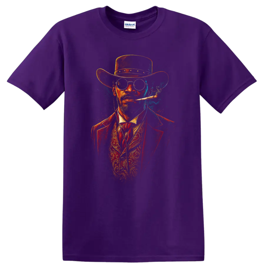 Django Unchained inspired cowboy portrait with hat, glasses, cigar, and smoky Western style on a Purple T Shirt