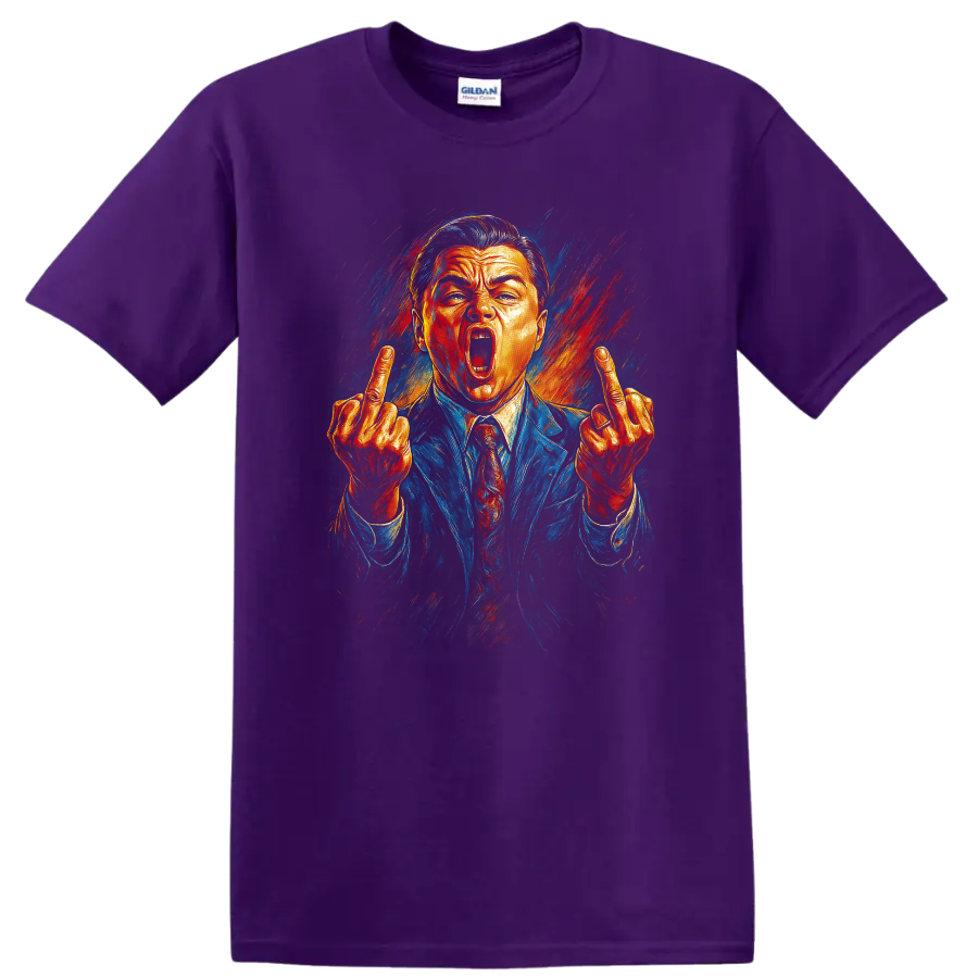 Pop art portrait of a suited man with raised middle fingers, The Wolf of Wall Street T-shirt on a Purple T Shirt