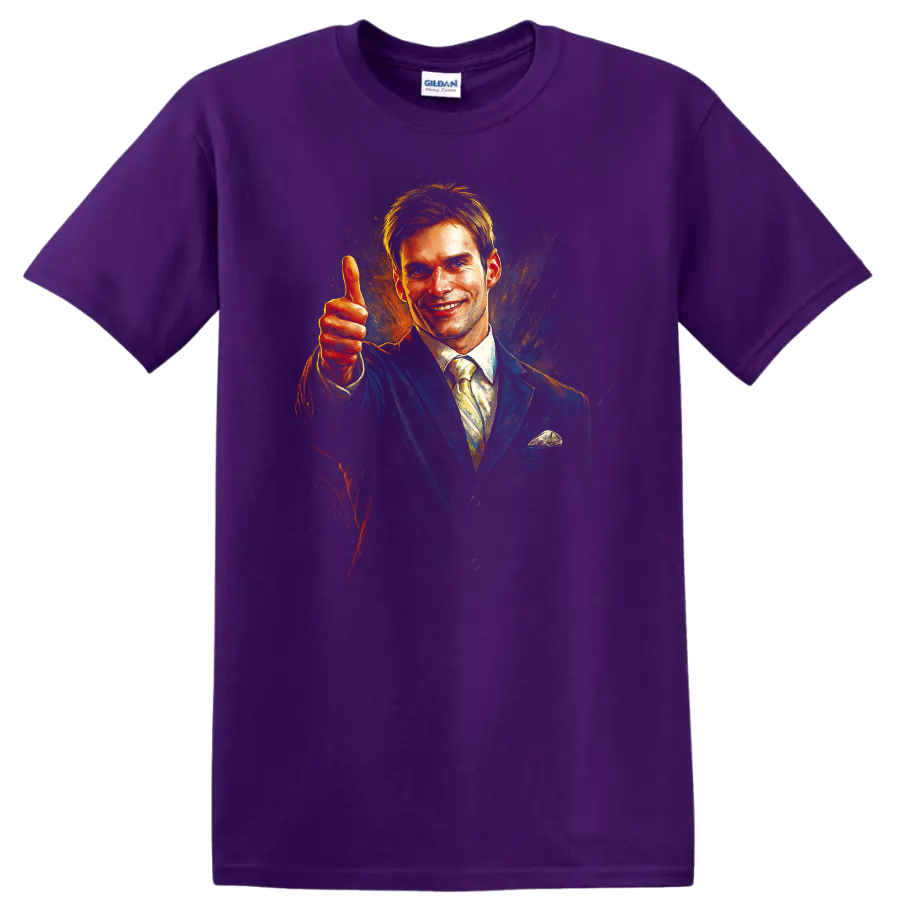 Smiling man in suit giving thumbs up, painterly movie-style graphic T-shirt on a Purple T Shirt