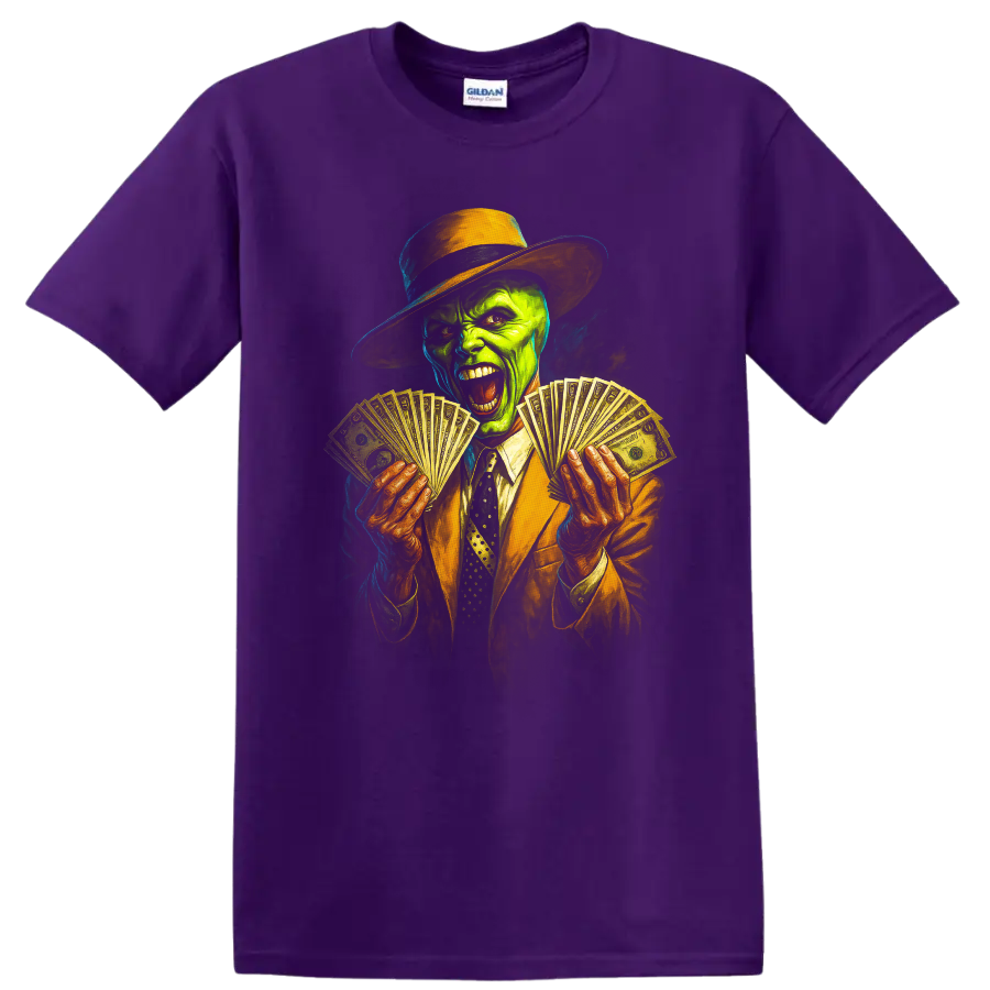Green face character in hat and suit holding money fans graphic T shirt on a Purple T Shirt