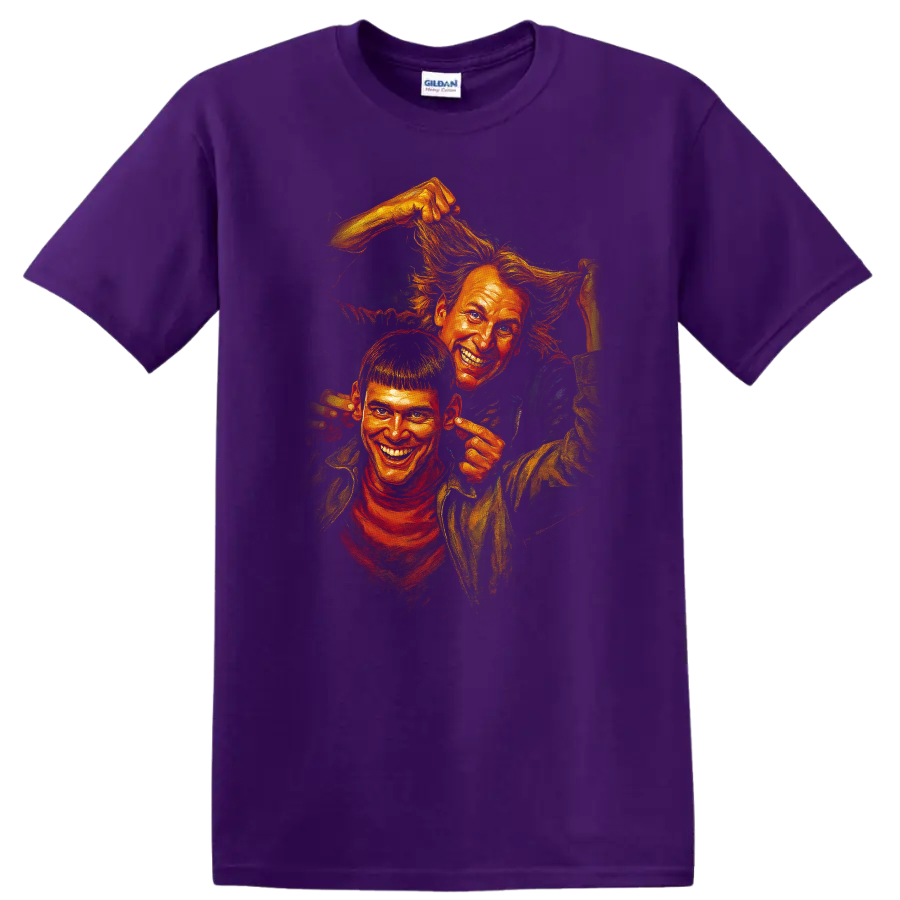 Dumb and Dumber inspired comic-style artwork of two grinning characters on a Purple T Shirt