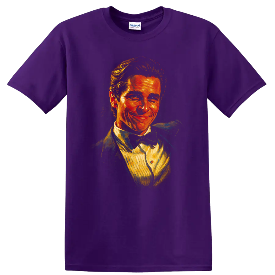 Painterly portrait inspired by American Psycho on a T shirt on a Purple T Shirt