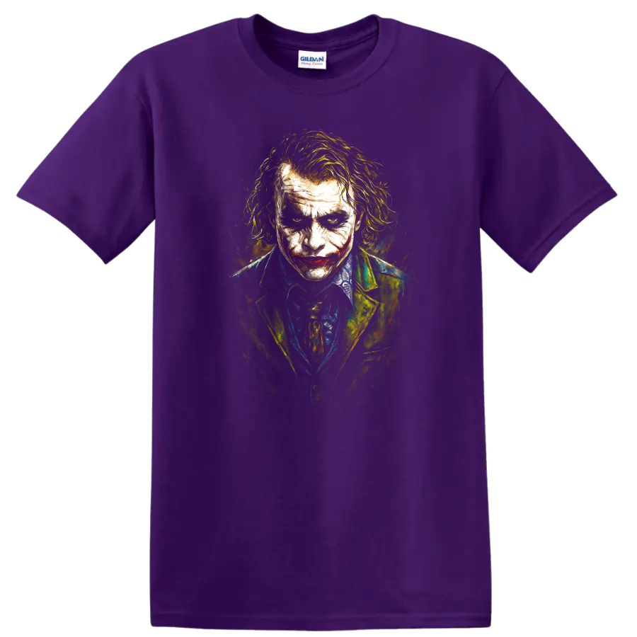 Painted Joker portrait graphic T Shirt with dark dramatic movie style on a Purple T Shirt