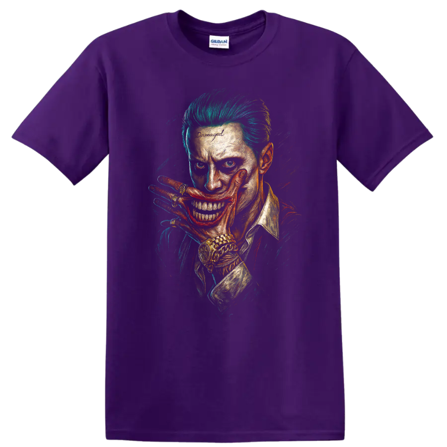 Suicide Squad Joker-style grin portrait with neon green hair graphic T shirt on a Purple T Shirt