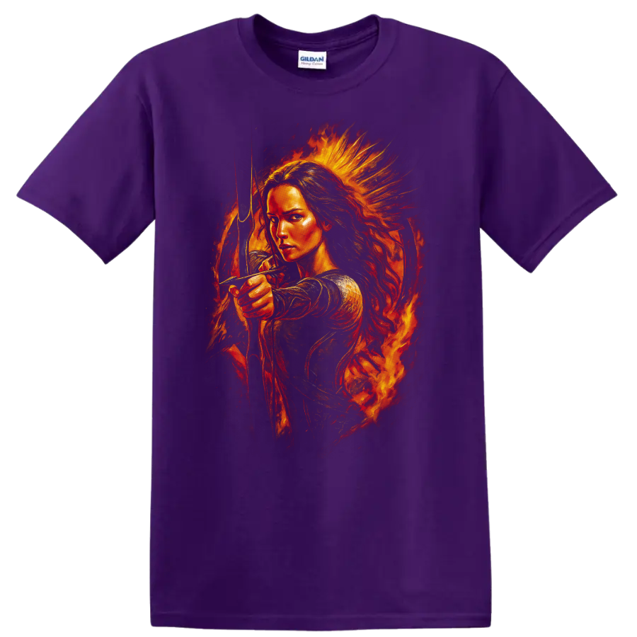 Fiery archer portrait with bow and flames The Hunger Games T Shirt on a Purple T Shirt