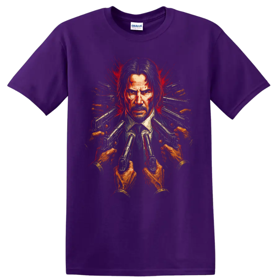 John Wick-inspired portrait with guns pointed inward and red splatter action art T Shirt on a Purple T Shirt