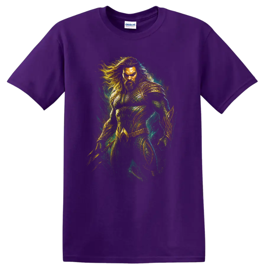 Aquaman-inspired armored hero artwork with green and gold fantasy style T Shirt on a Purple T Shirt