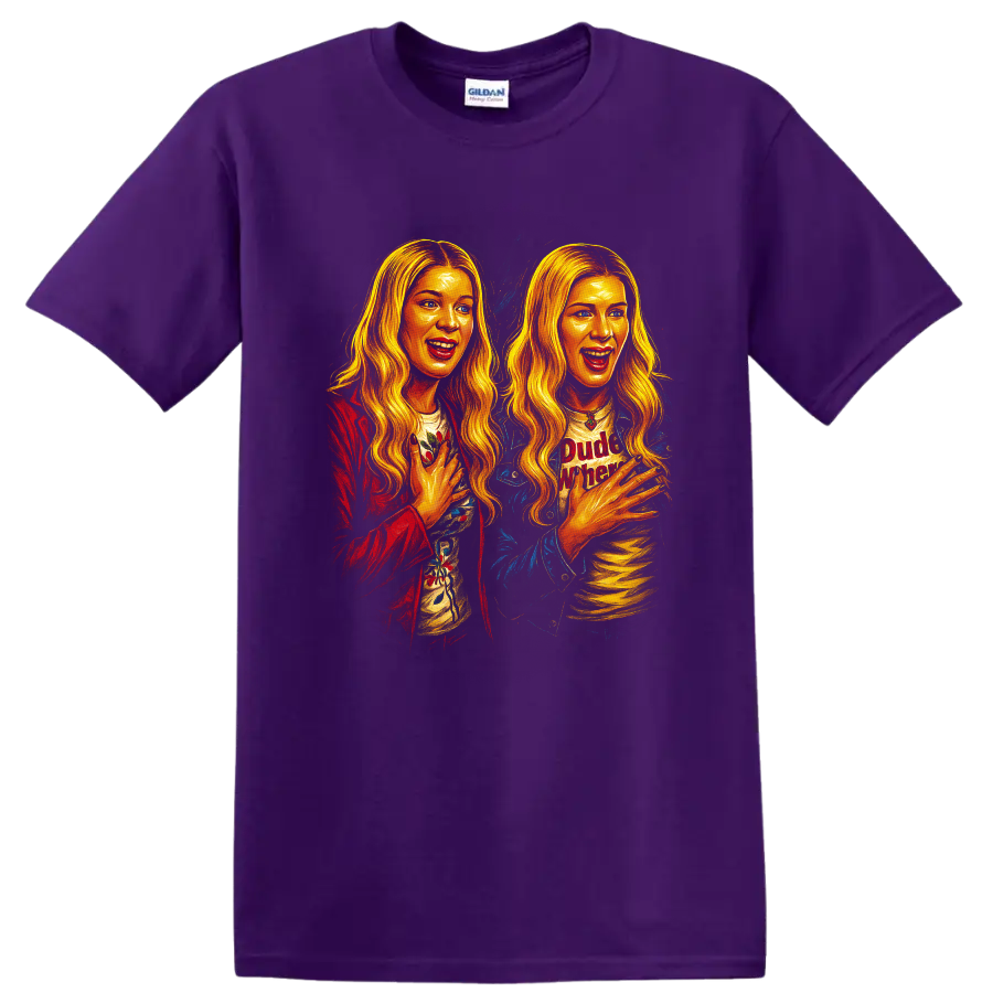 Colorful double portrait fan art inspired by Dude, Where's My Car movie T Shirt on a Purple T Shirt
