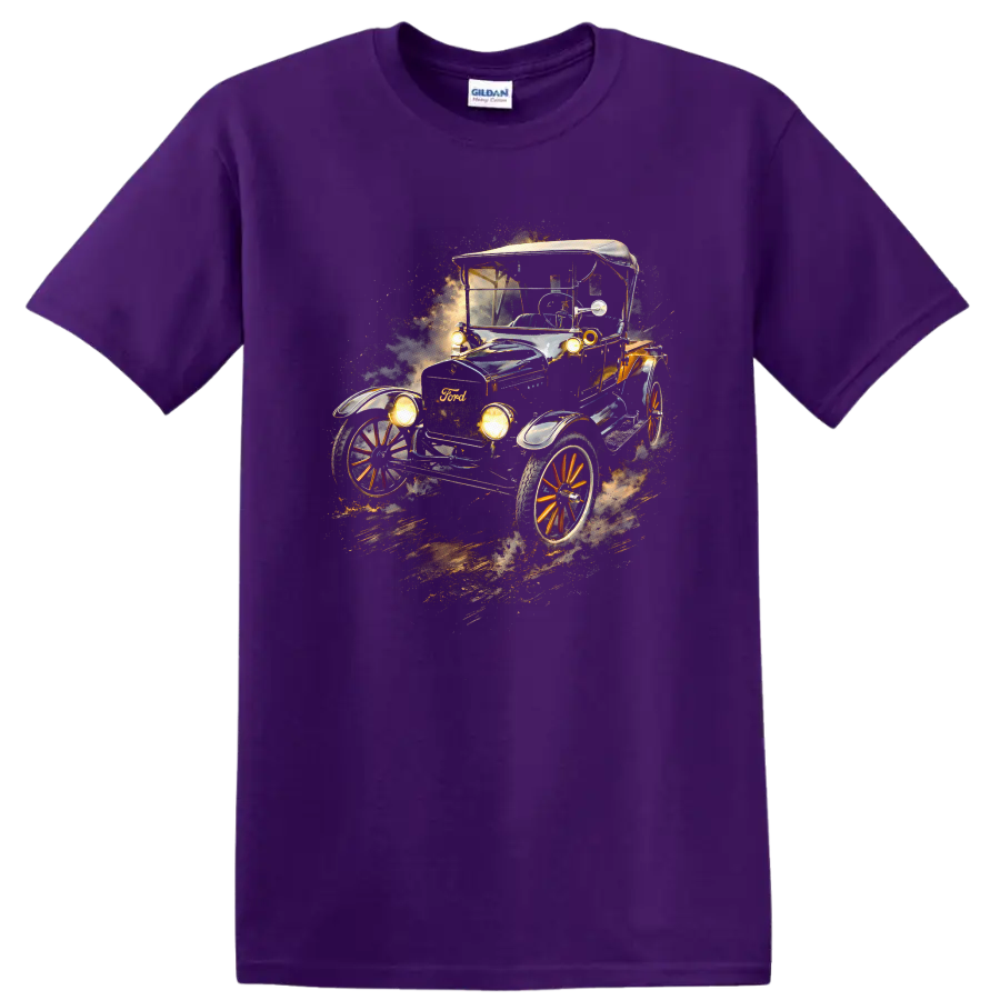 Ford Model T vintage old car graphic print with glowing headlights and dusty motion effect on a Purple T Shirt