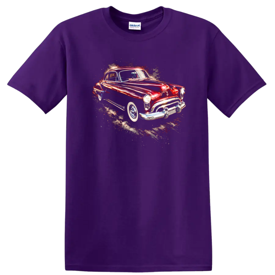 Red Oldsmobile Futuramic 88 Club Coupe classic car graphic print T shirt on a Purple T Shirt