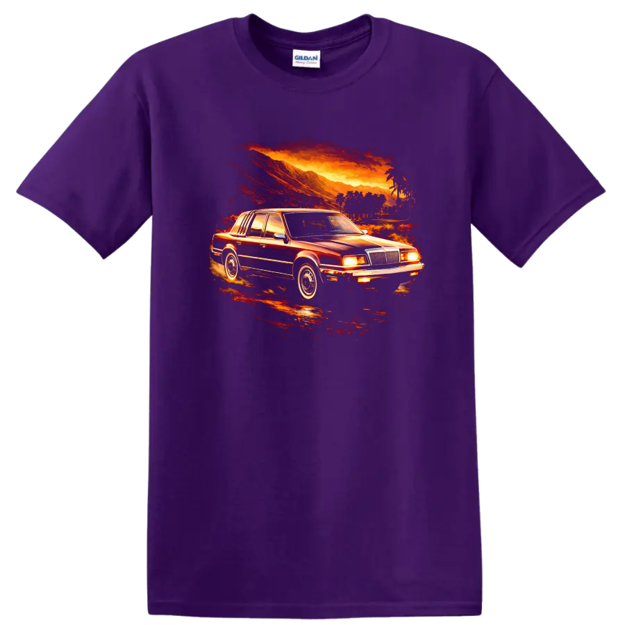 Classic Chrysler New Yorker XIII car in a fiery sunset graphic print T shirt on a Purple T Shirt