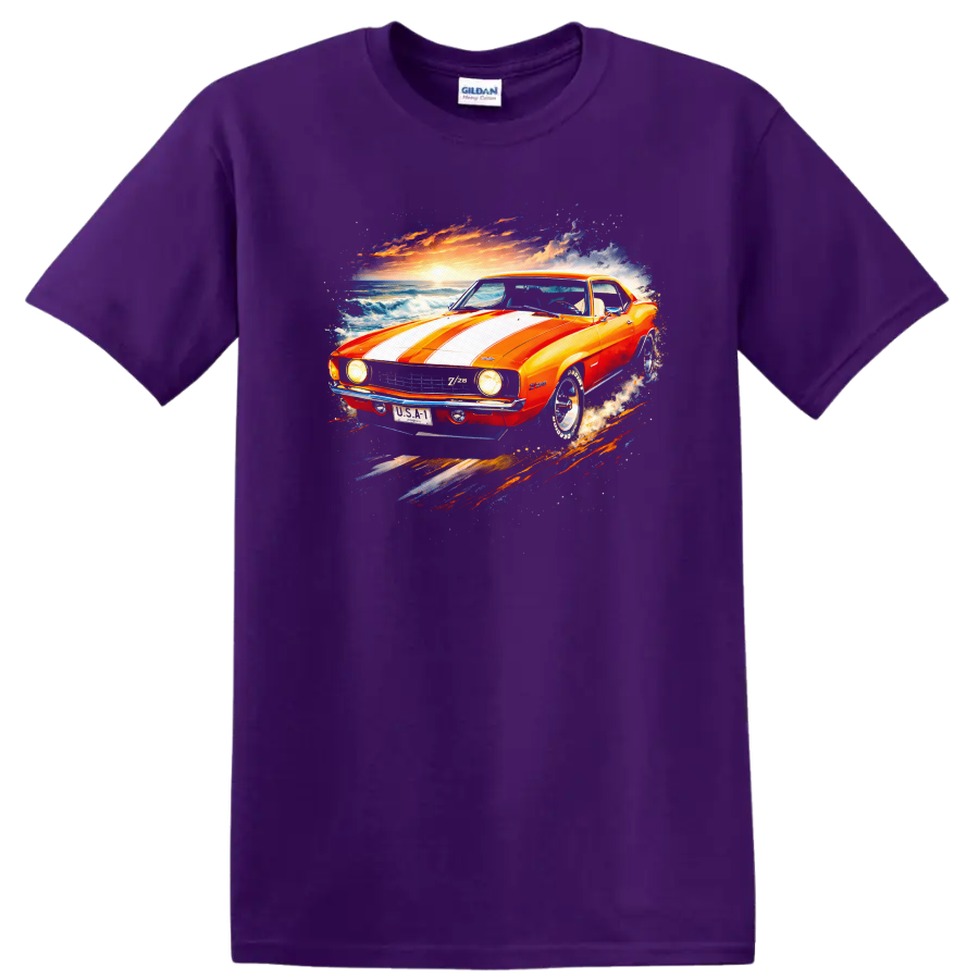 Orange 1969 Chevrolet Camaro Z/28 with white stripes, ocean waves, and sunset art on a Purple T Shirt
