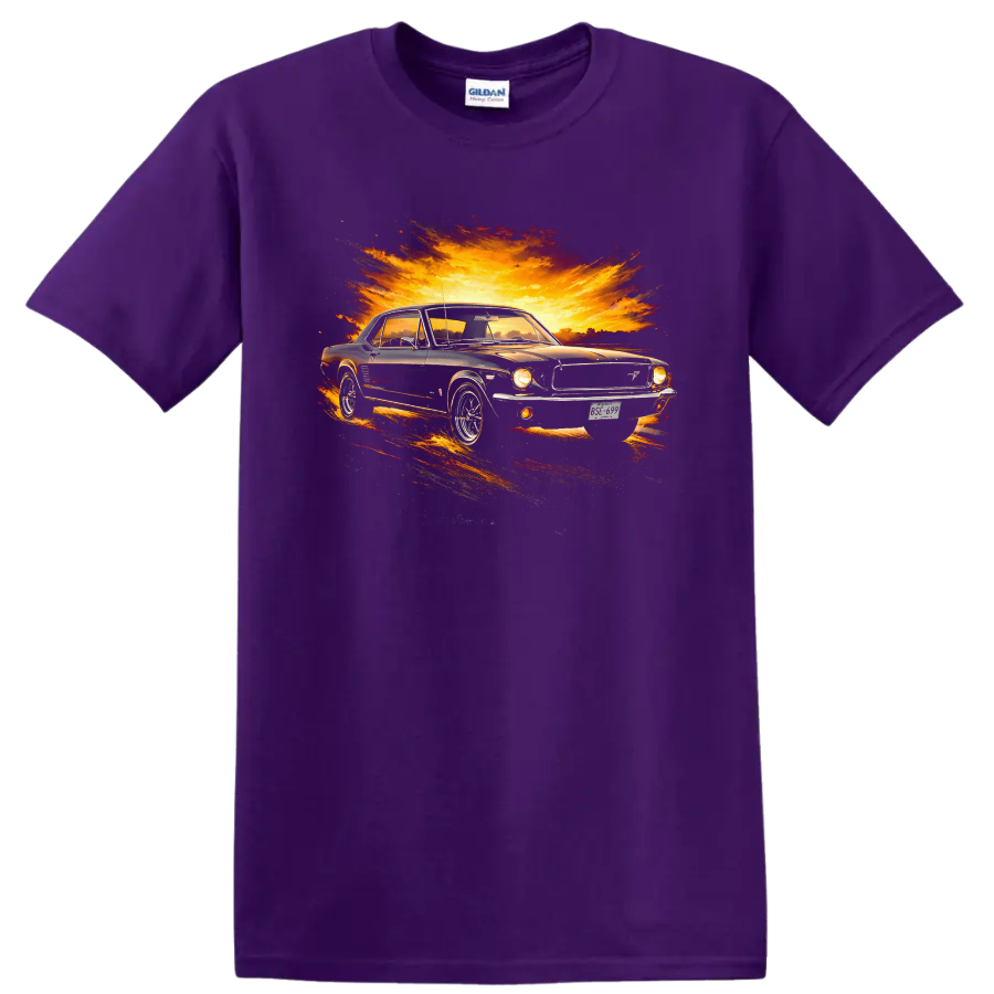 Old Ford Mustang graphic print with fiery sunset burst T shirt on a Purple T Shirt