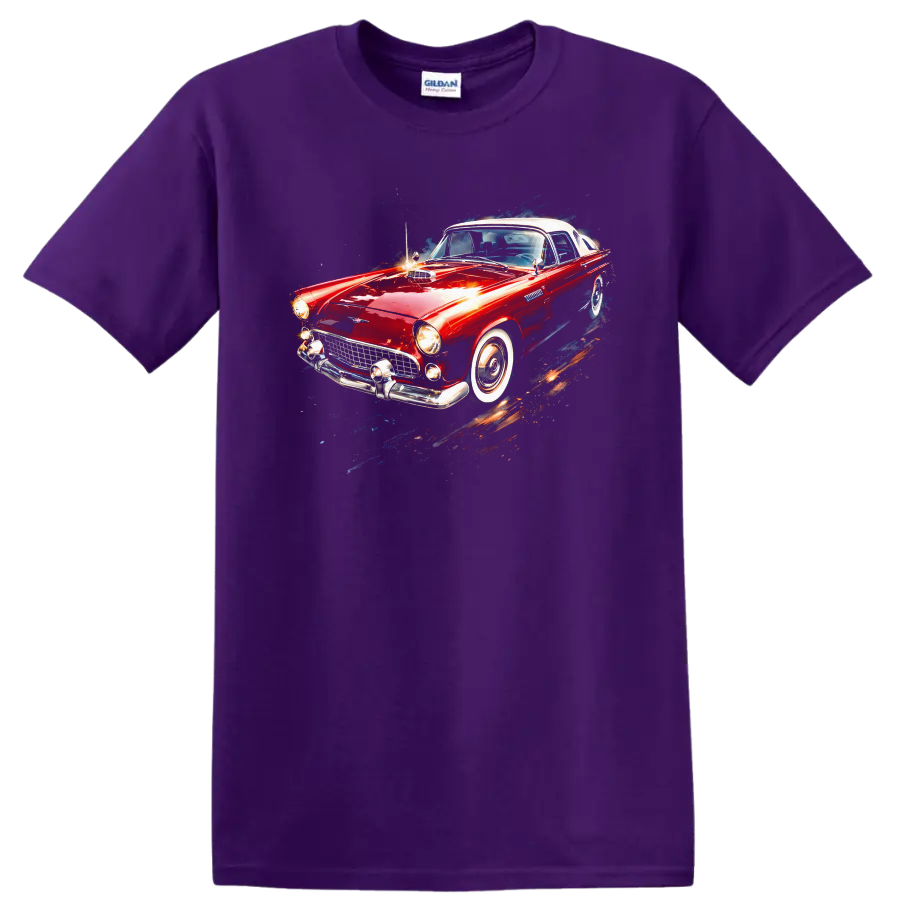 Red Ford Thunderbird classic car graphic print T shirt on a Purple T Shirt