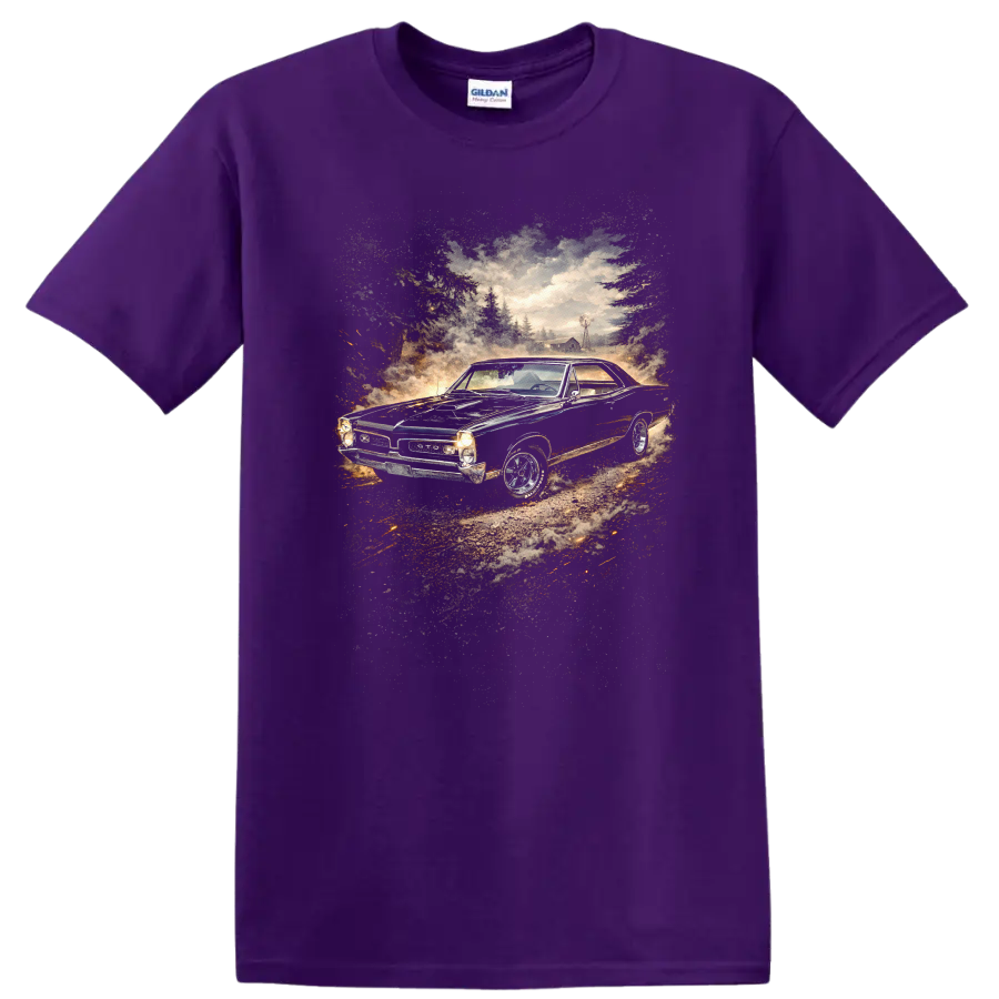 Pontiac GTO in a vintage countryside scene graphic print T shirt on a Purple T Shirt