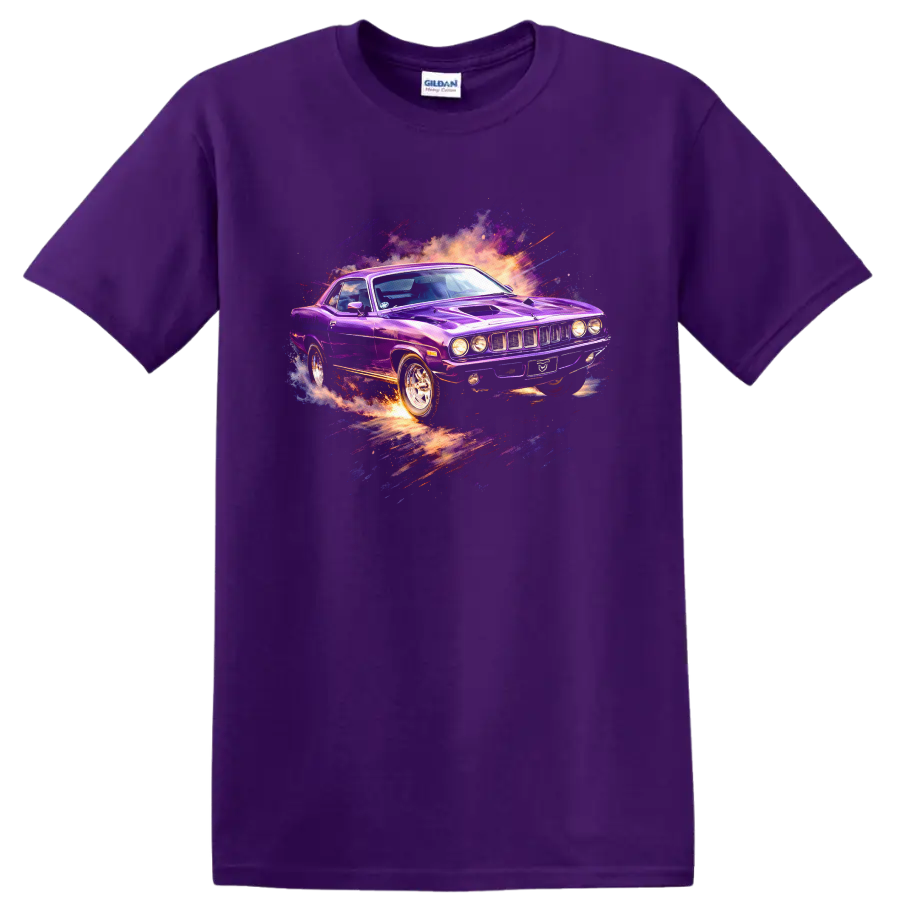 Purple Plymouth Barracuda car graphic print T-shirt with explosive retro splash effects on a Purple T Shirt