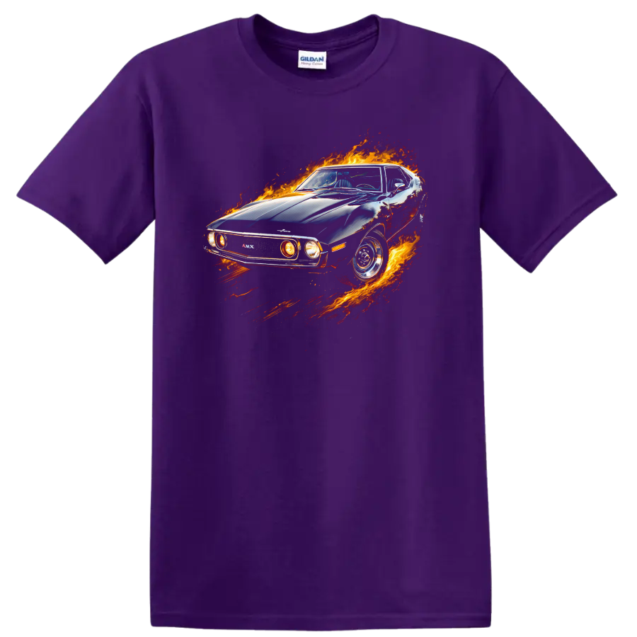 AMC Javelin AMX muscle car surrounded by flames graphic on a black T shirt on a Purple T Shirt
