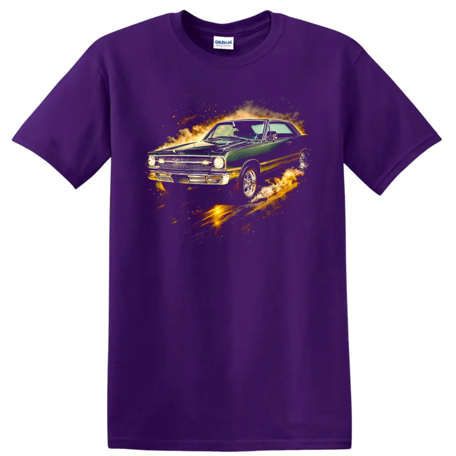 Green 1968 Dodge Dart with fiery motion effects graphic print T shirt on a Purple T Shirt