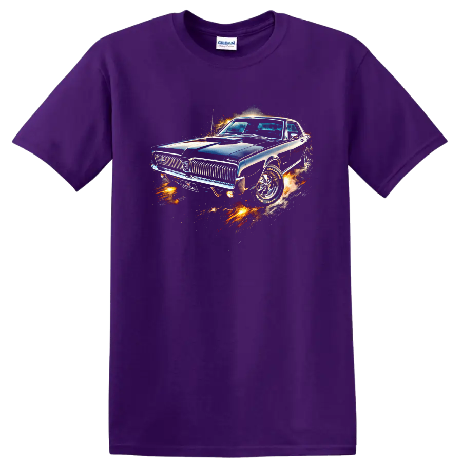 1967 Mercury Cougar classic car graphic print with chrome details and fiery effects on a Purple T Shirt