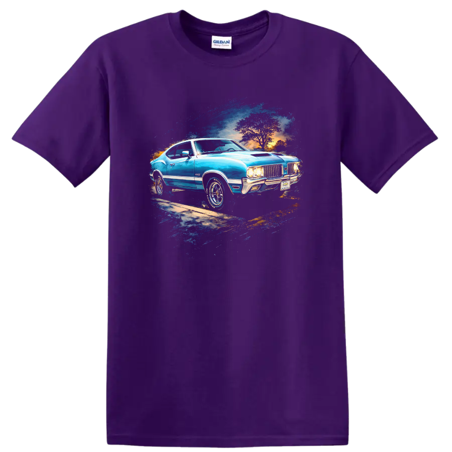 Blue 1970 Oldsmobile 442 classic car graphic print T-shirt on a Purple T Shirt