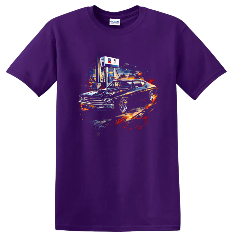 Chevrolet Chevelle muscle car with colorful splash art graphic print on T shirt on a Purple T Shirt