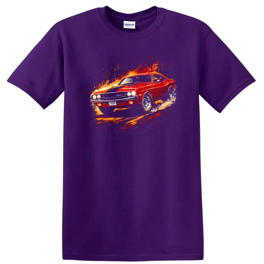 Red 1970 Dodge Challenger R/T muscle car graphic print T shirt on a Purple T Shirt