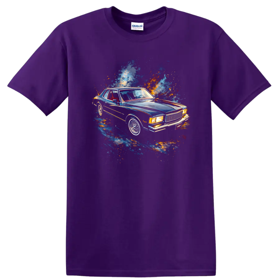 Chevrolet Monte Carlo classic car graphic print T shirt with blue and orange paint splash on a Purple T Shirt