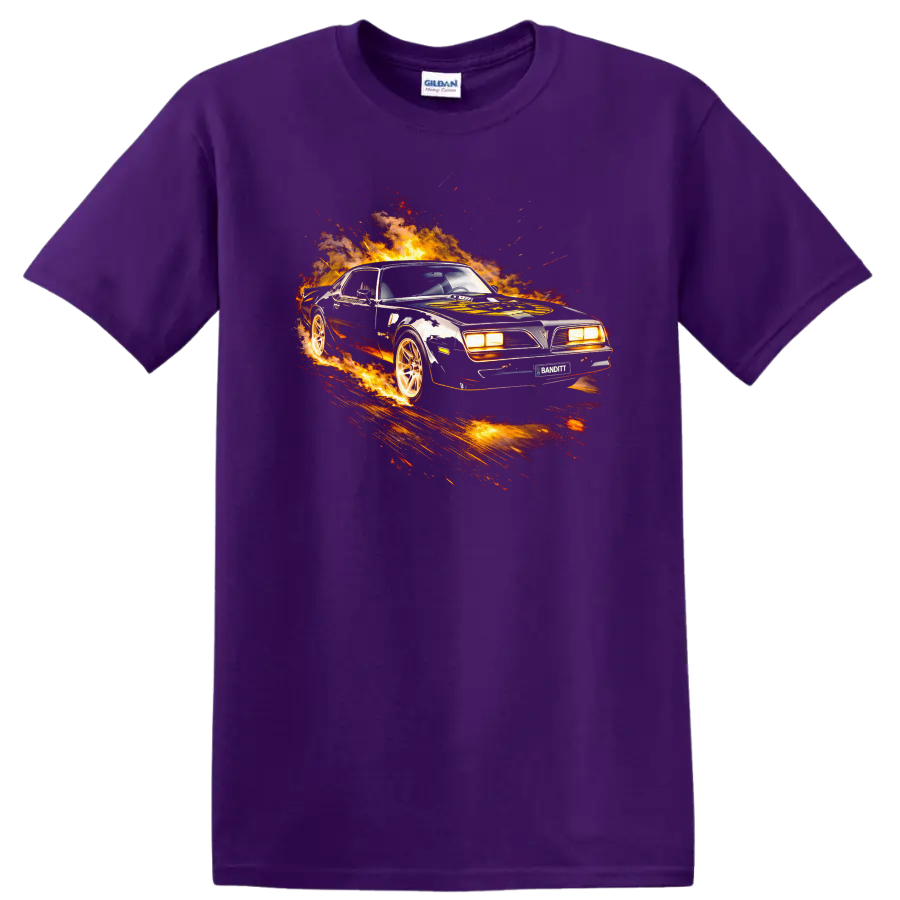 Pontiac Firebird Trans Am flaming muscle car graphic T Shirt on a Purple T Shirt