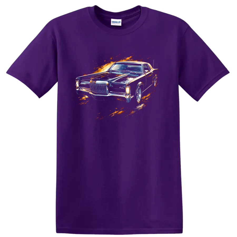 Lincoln Continental Mark III classic car with fiery splash graphic print T shirt on a Purple T Shirt