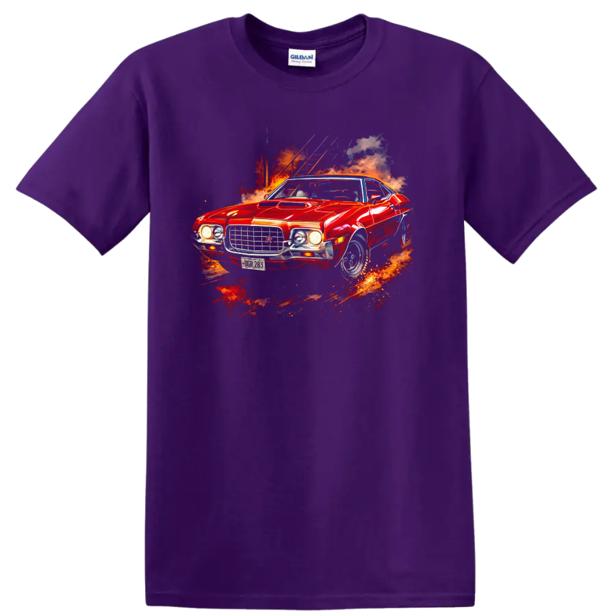 Red 1972 Ford Gran Torino Sport muscle car graphic print with fiery smoke on a Purple T Shirt