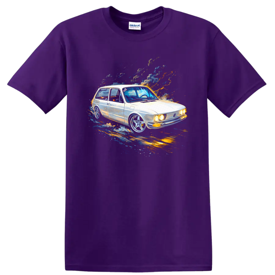 Volkswagen Brasília old car with colorful motion streaks graphic print T shirt on a Purple T Shirt